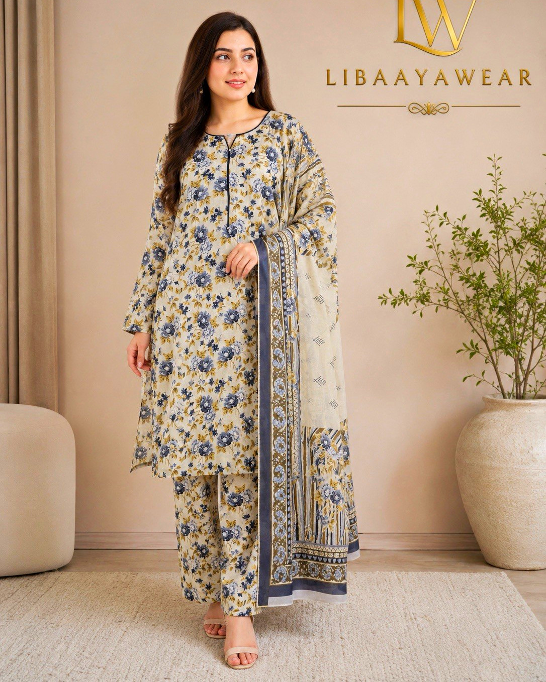 LIBAAYA WEAR Women’s Pakistani 3-Piece Salwar Kameez Dupatta Beige Floral M