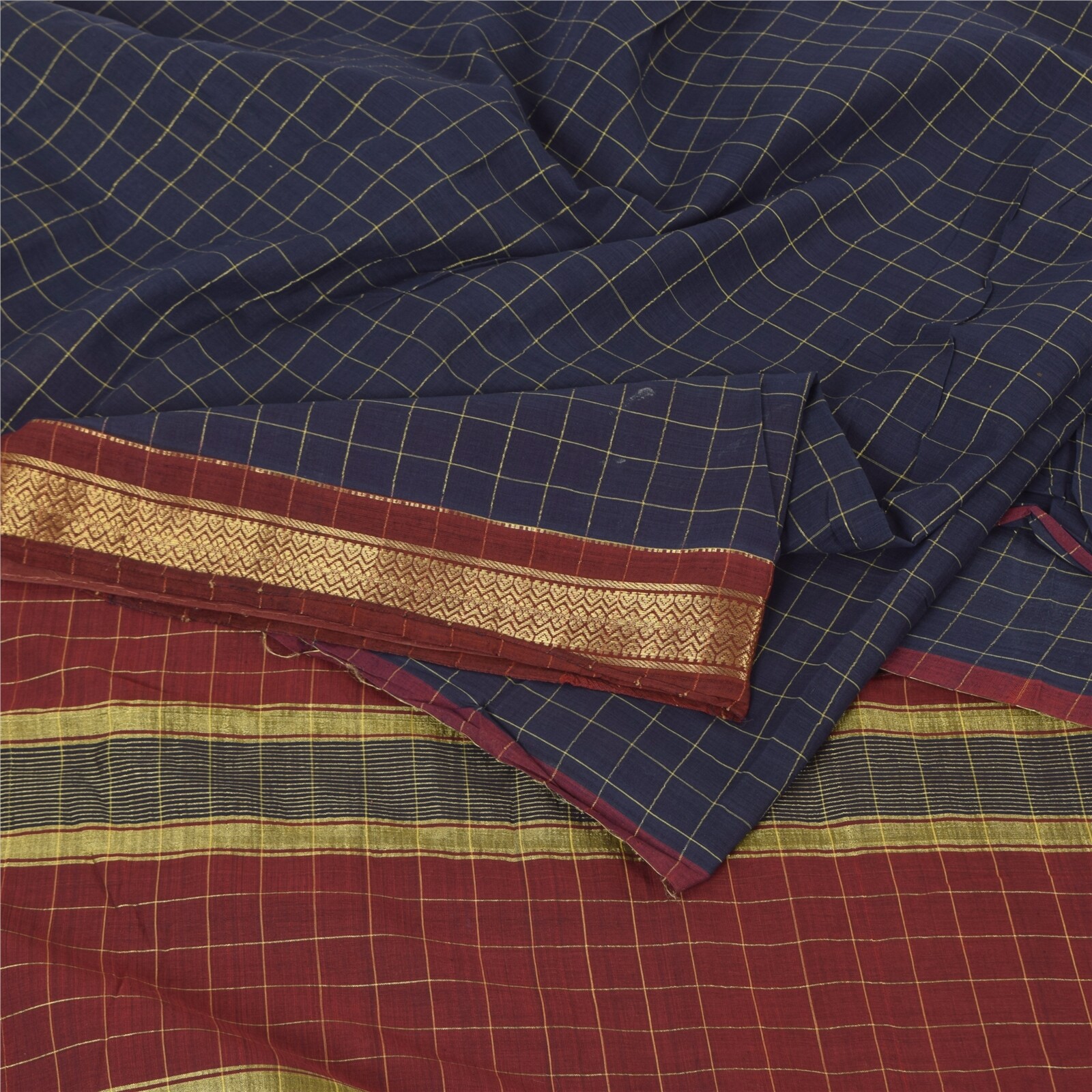 Sanskriti Vintage Blue/Dark Red Sarees Pure Cotton Woven Ilkal Sari Craft Fabric