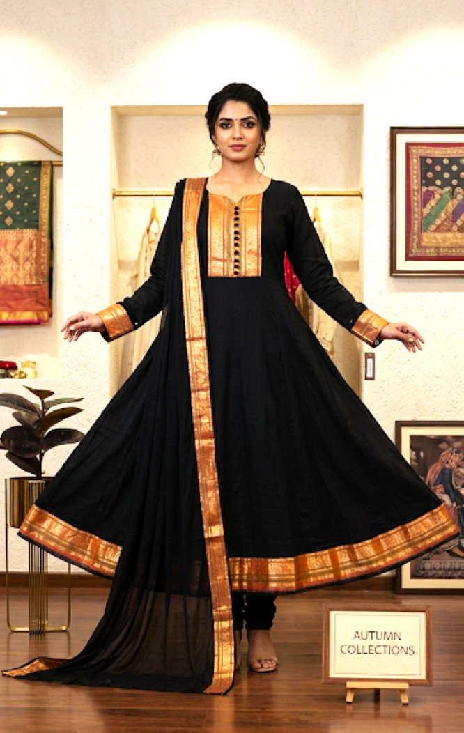 Indian Pakistani Designer Chanderi Silk Party Wear Anarkali Gown Semi-Stitch Set