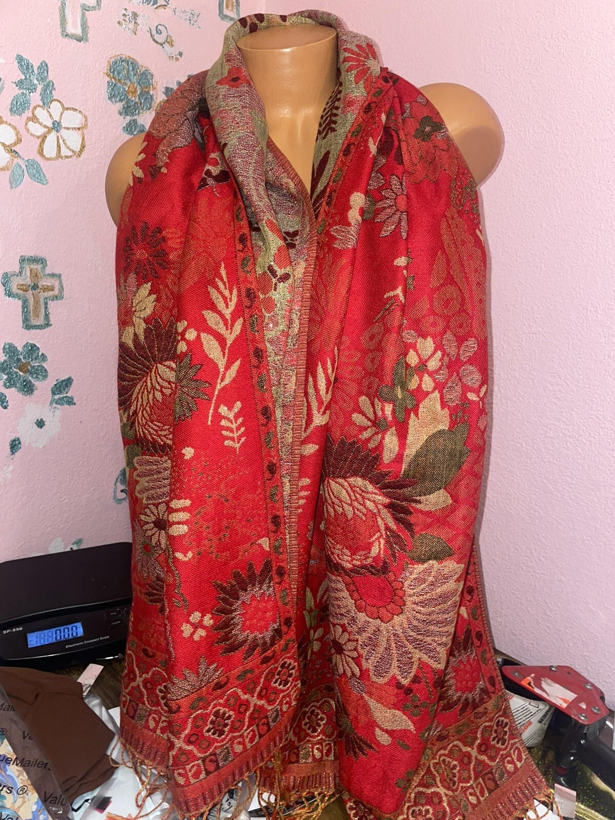 Mexican Women’s Red & Gold Floral Rebozo Poncho Wrap Cover Cape