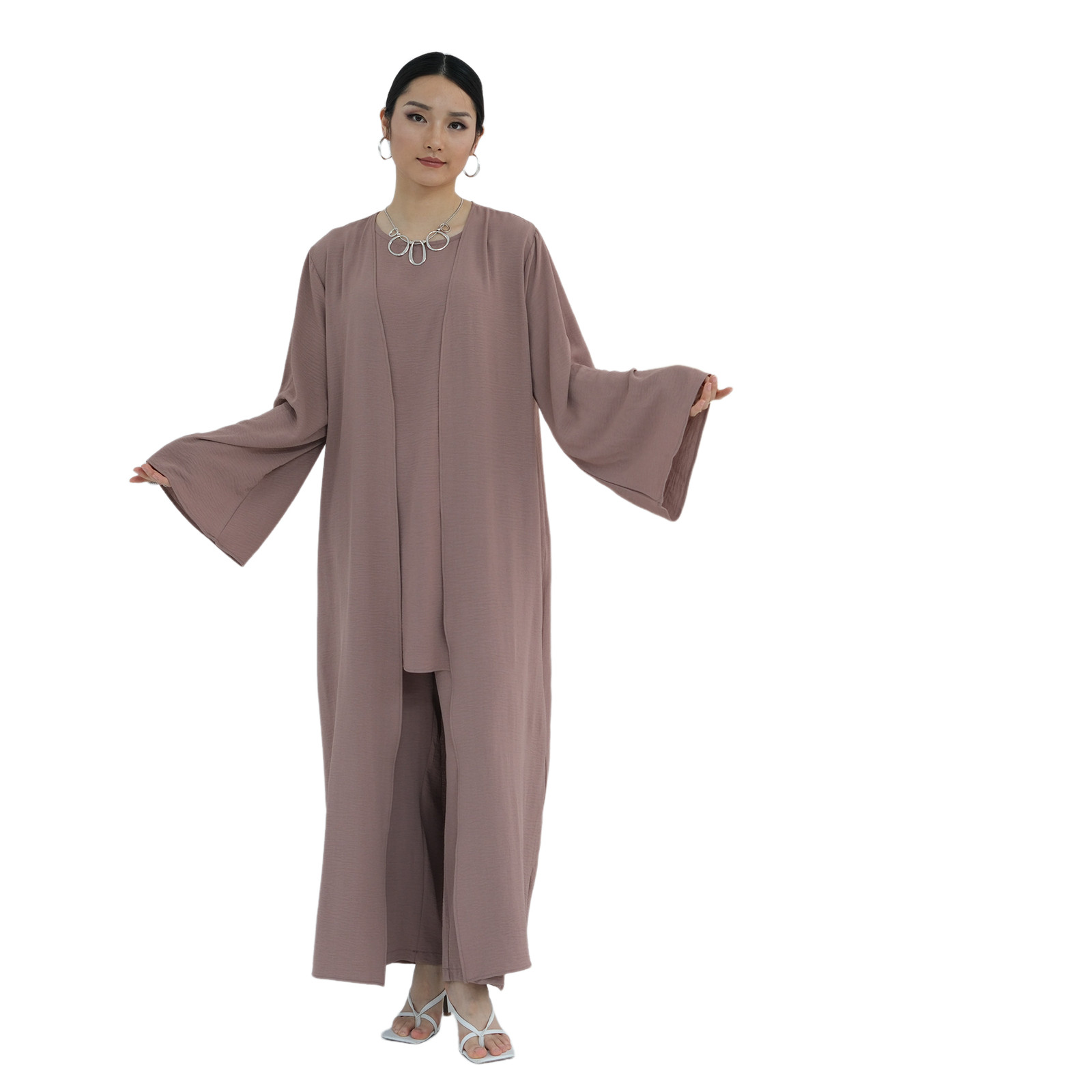 3pcs Muslim Women Open Abaya Cardigan+Top Blouse+Long Pants Sets Islamic Outfits