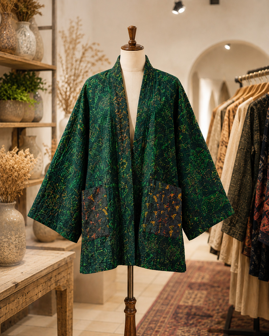 Emerald Green Quilted Kimono Jacket Artisan Boho Open Front Coat Medium