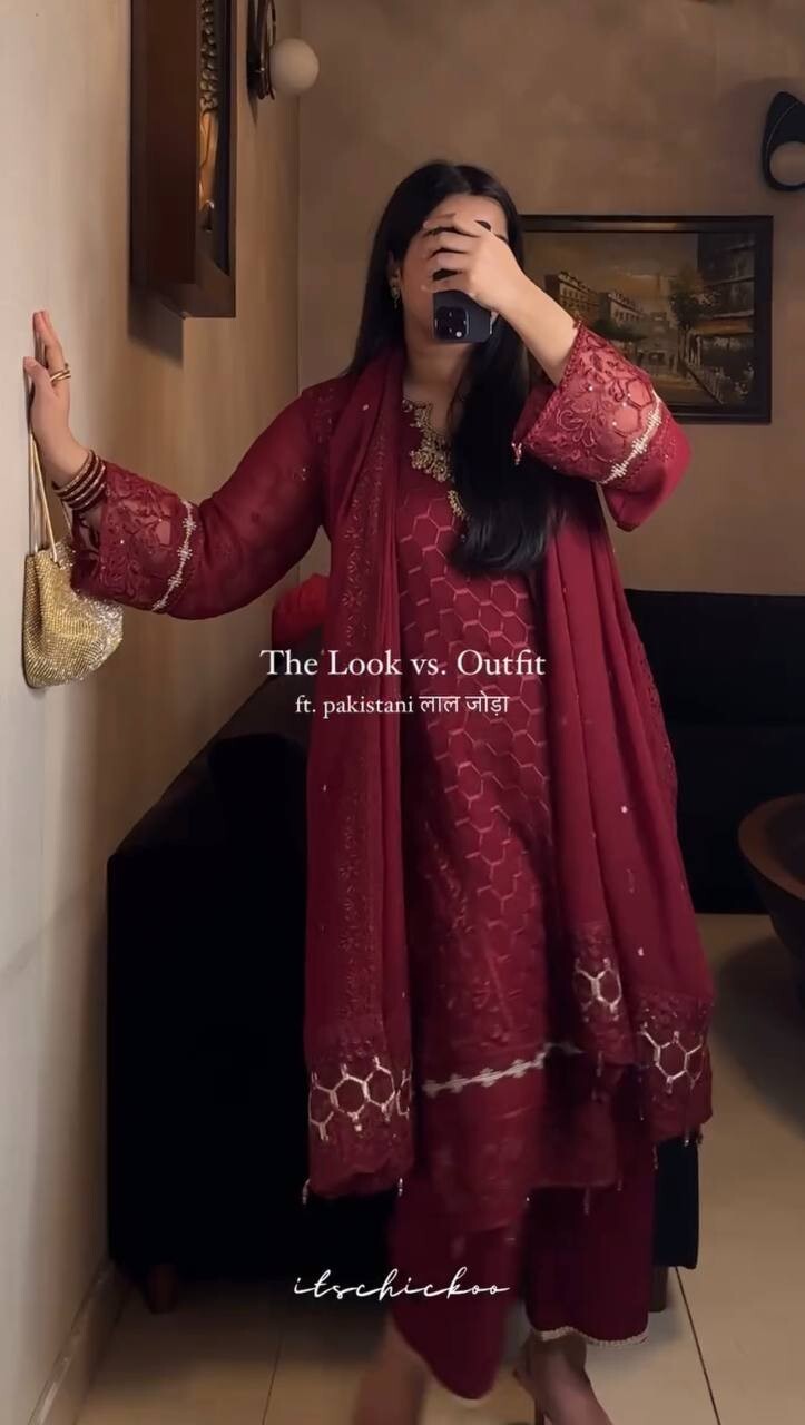 New Beautiful Maroon Faux Georgette Kurta Palazzo With Dupatta For Women