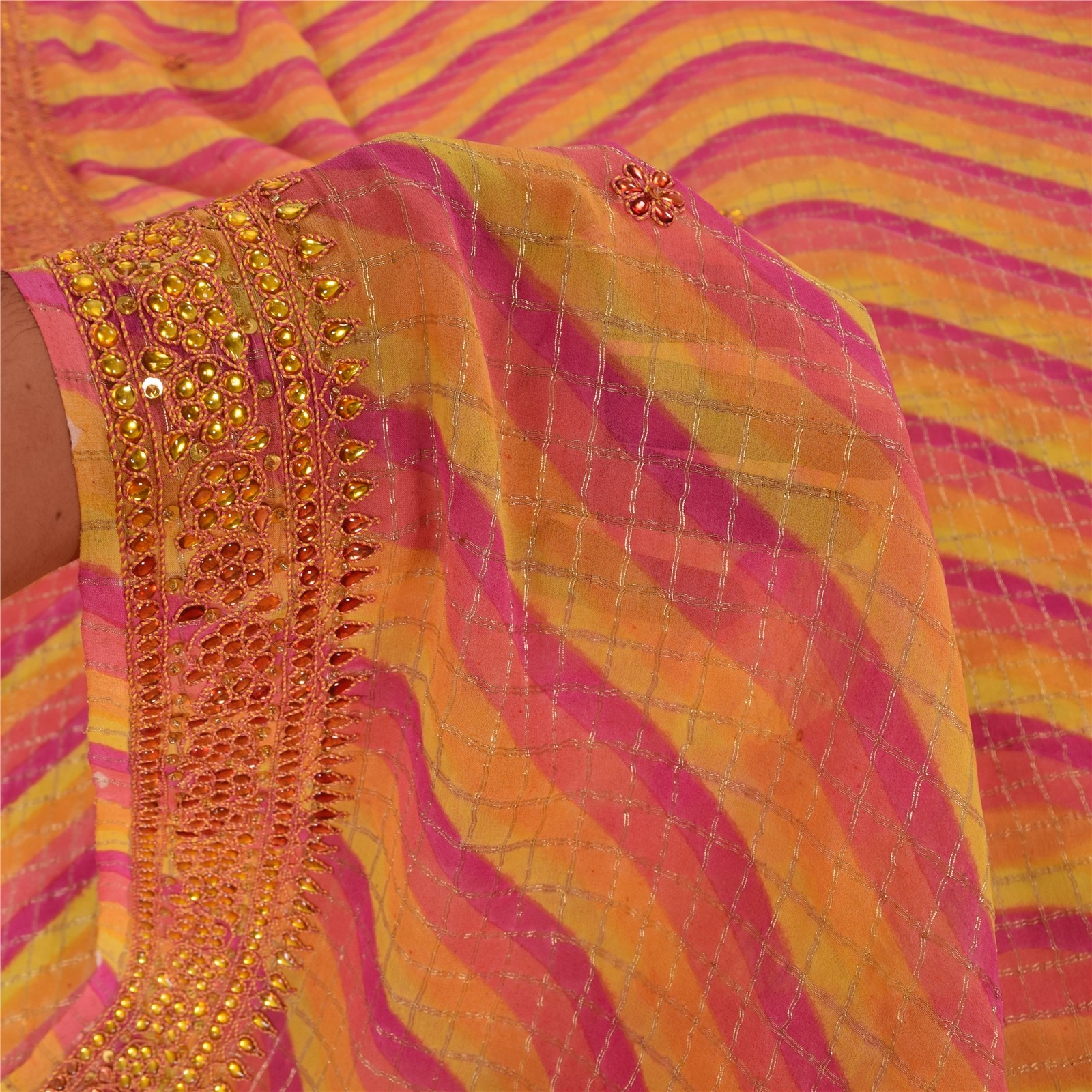 Sanskriti Vintage Sarees Multi Pure Georgette Hand Beaded Zari Sari 6Yd Fabric
