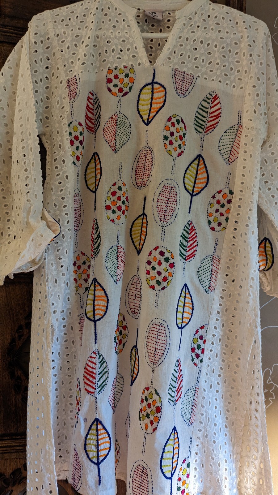 “Behbud Boutique” White Kurta with Multi Colored Embroidery Pakistani/Indian