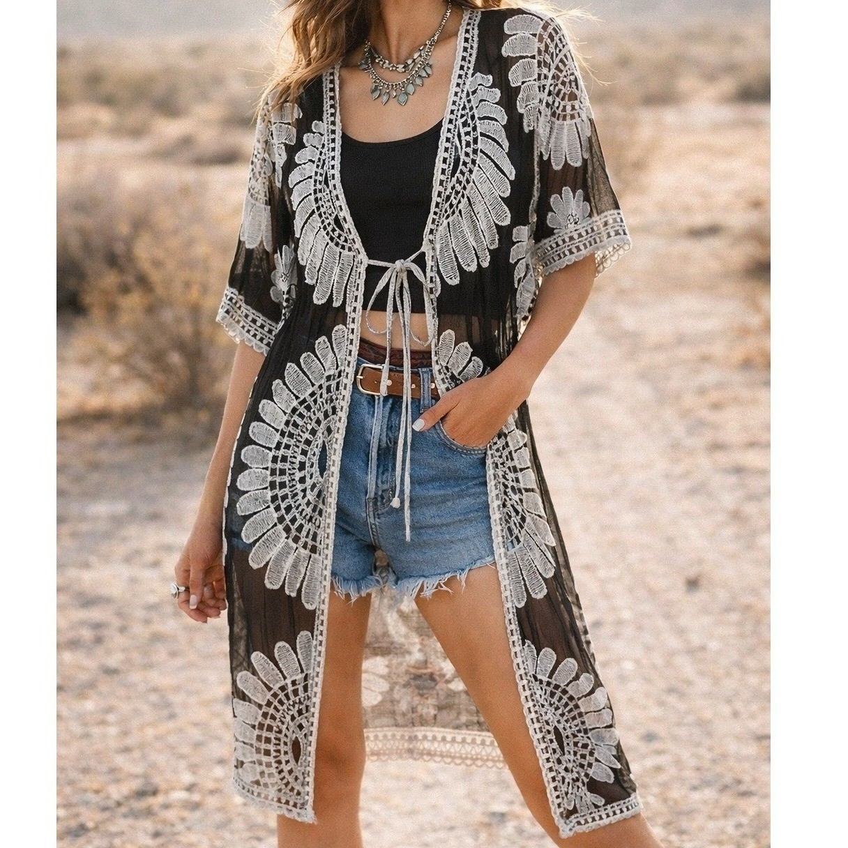 Boho Lace Crochet Kimono Duster Black White Sheer Festival Beach Cover Up Size S