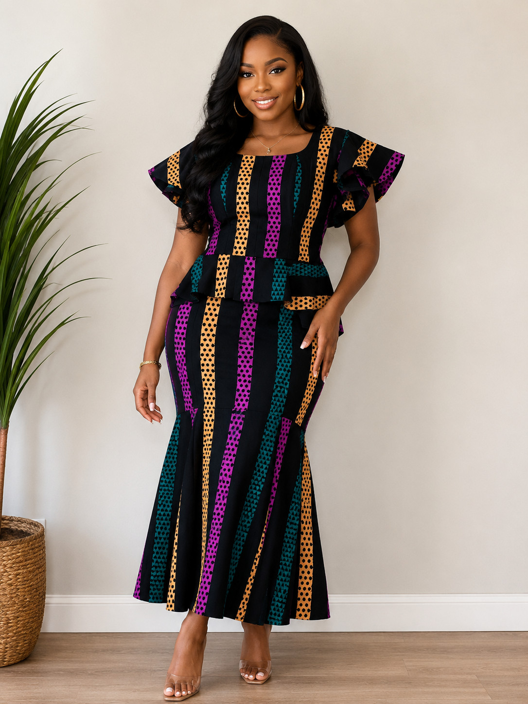 Ankara African Print Peplum Top & Trumpet Maxi Skirt Black Women’s Size 10 NWT
