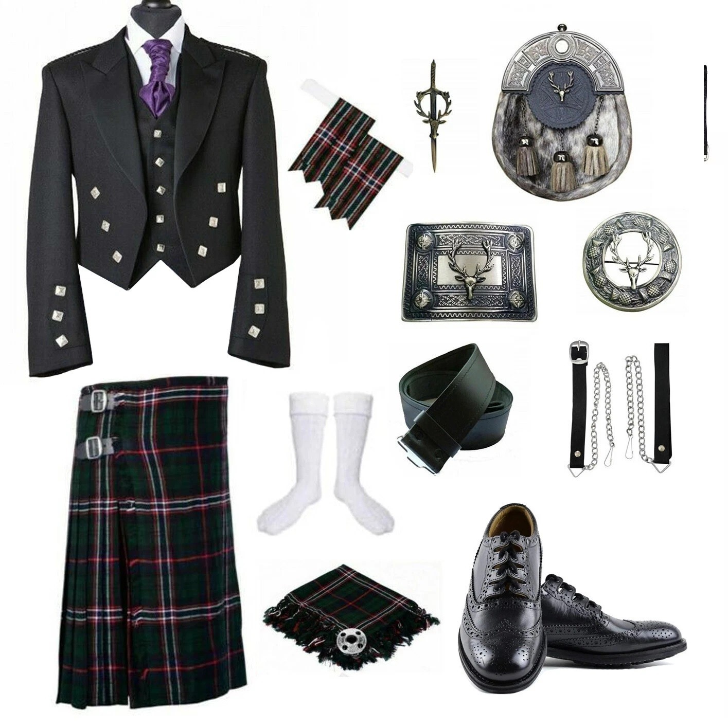 Full 12 Piece Scottish National Tartan Kilt Outfit – Prince Charlie Jacket Set