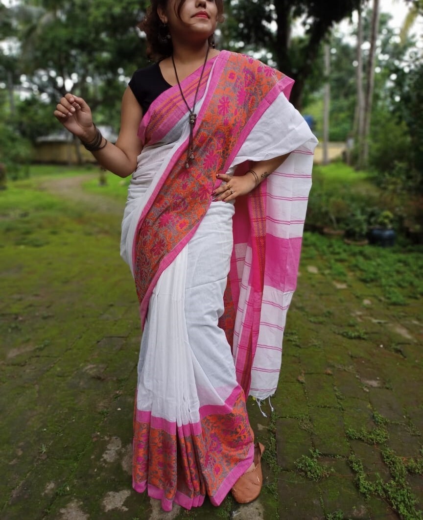 Narayanpet Pure Khadi Cotton Saree Floral Work Handloom Sari With Blouse Piece