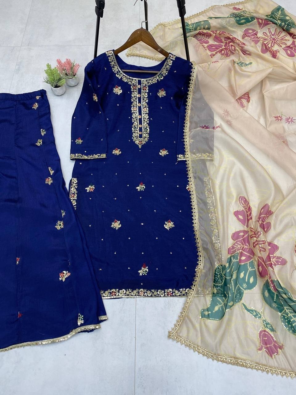 New Engagement Wear Blue Chinon Kurta Palazzo With Organza Dupatta For Women
