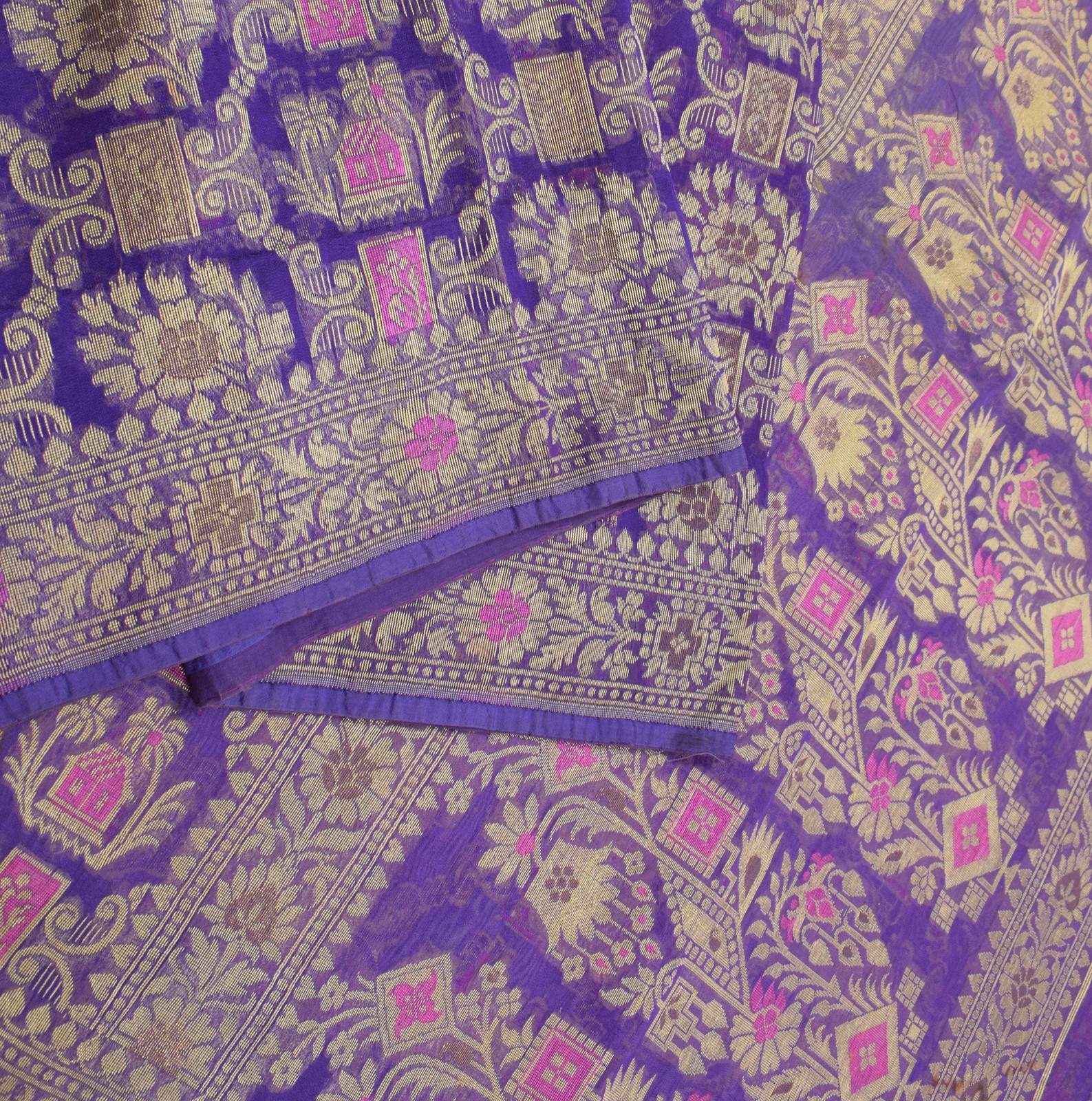 Sushila Vintage Purple Saree Floral Woven Pure Organza Silk Sari Craft Fabric