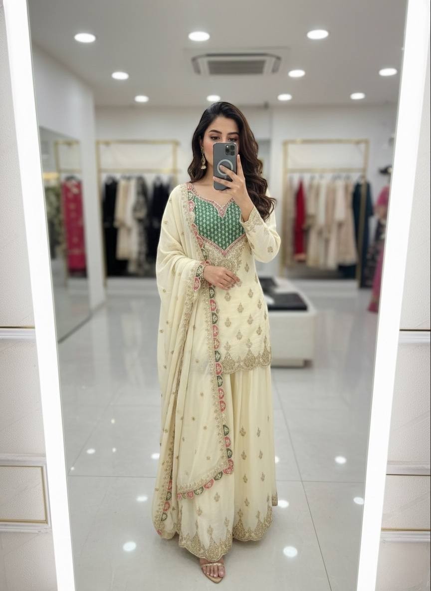 Chinon Silk Off White Top Palazzo With Dupatta For Functional Wear