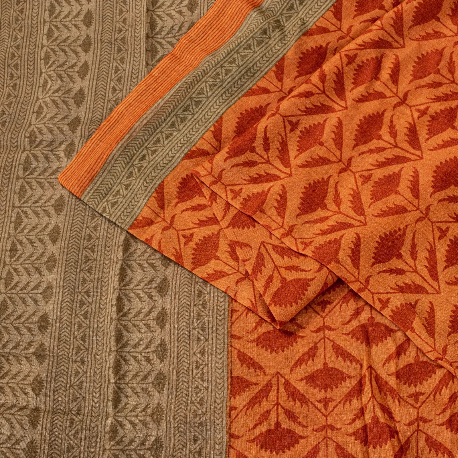 Sanskriti Vintage Soft Orange Pure Woolen Saree Floral Print Sari 5.5+Yd Fabric
