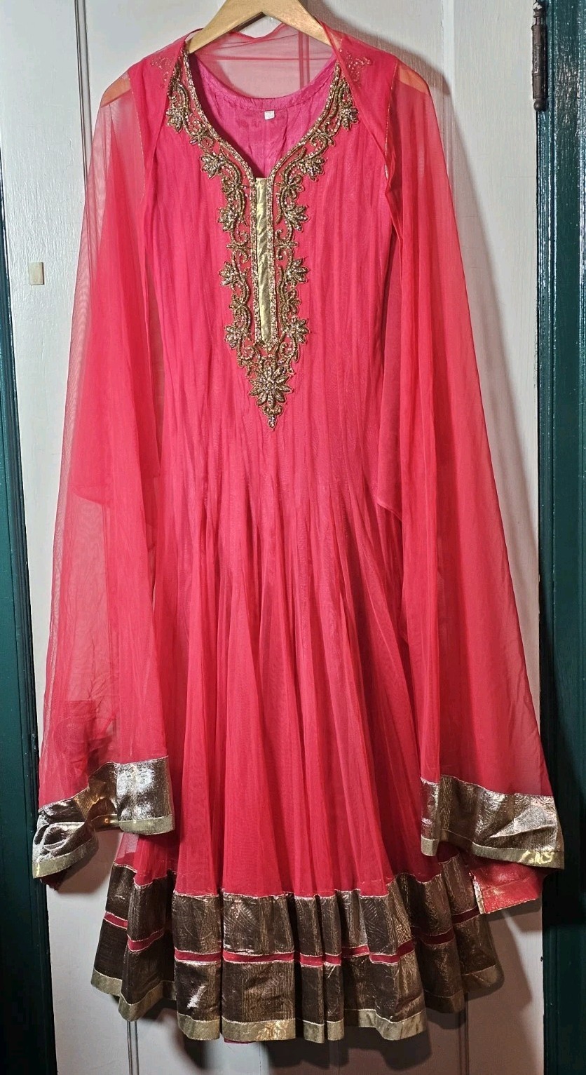 VTG Anarkali Dress XS Coral Pink Dupatta Scarf Jeweled Beaded Metallic Gypsycore