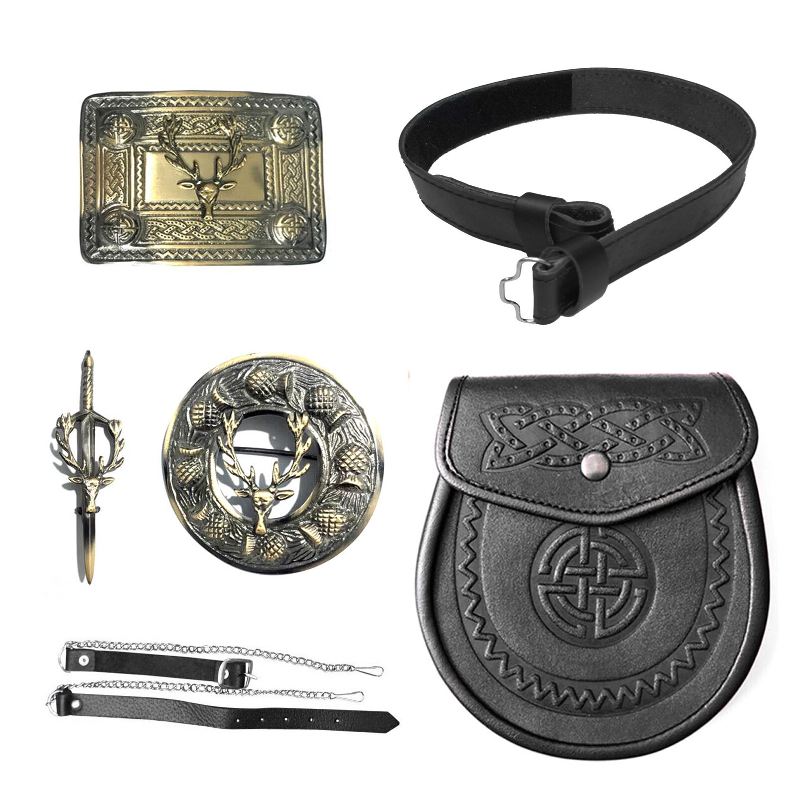 Scottish Highland Traditional Kilt Set – Celtic Wear Kilt Accessories Stag Head