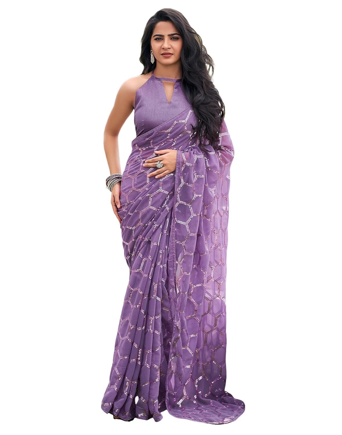Piping & Sequence Embroidery Georgette Saree with Unstitched Blouse Piece