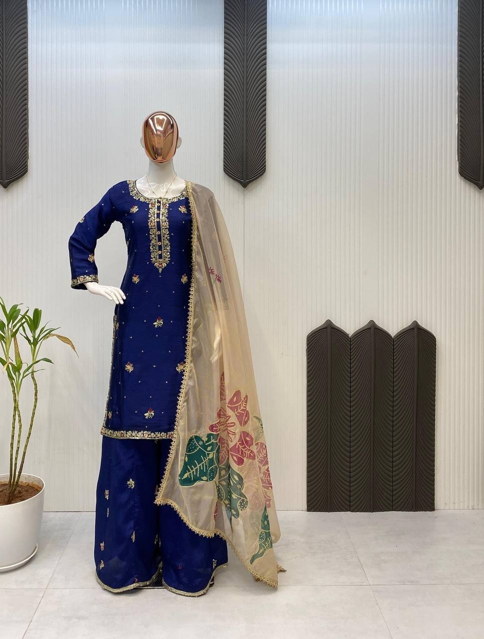 New Engagement Wear Blue Chinon Kurta Palazzo With Organza Dupatta For Women