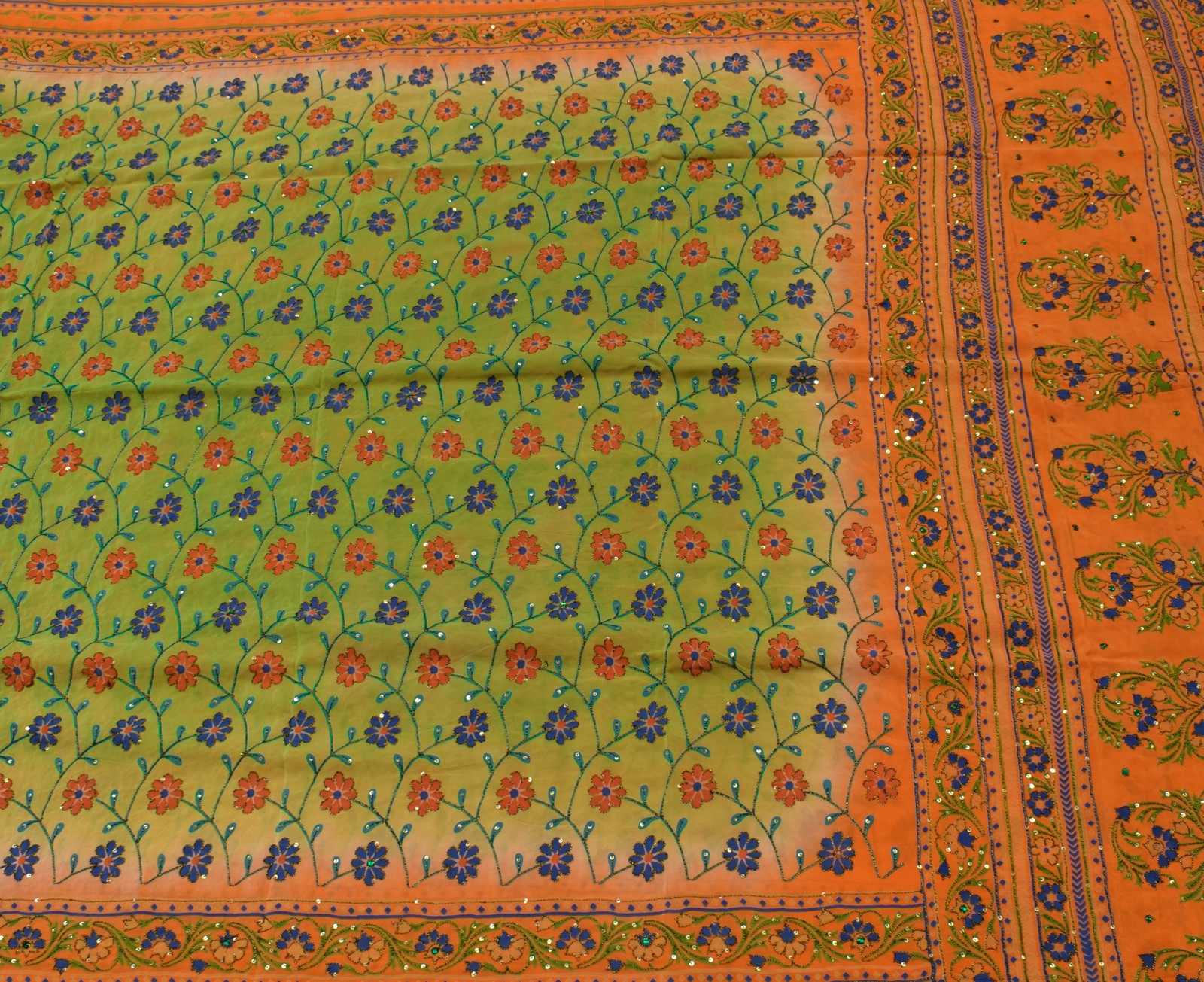 Sushila Vintage Green Saree Pure Crepe Silk Printed Floral Sari Craft Fabric