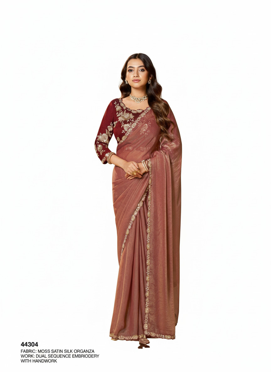 Elegant Moss Satin Silk Organza Saree with Dual Sequence Embroidery