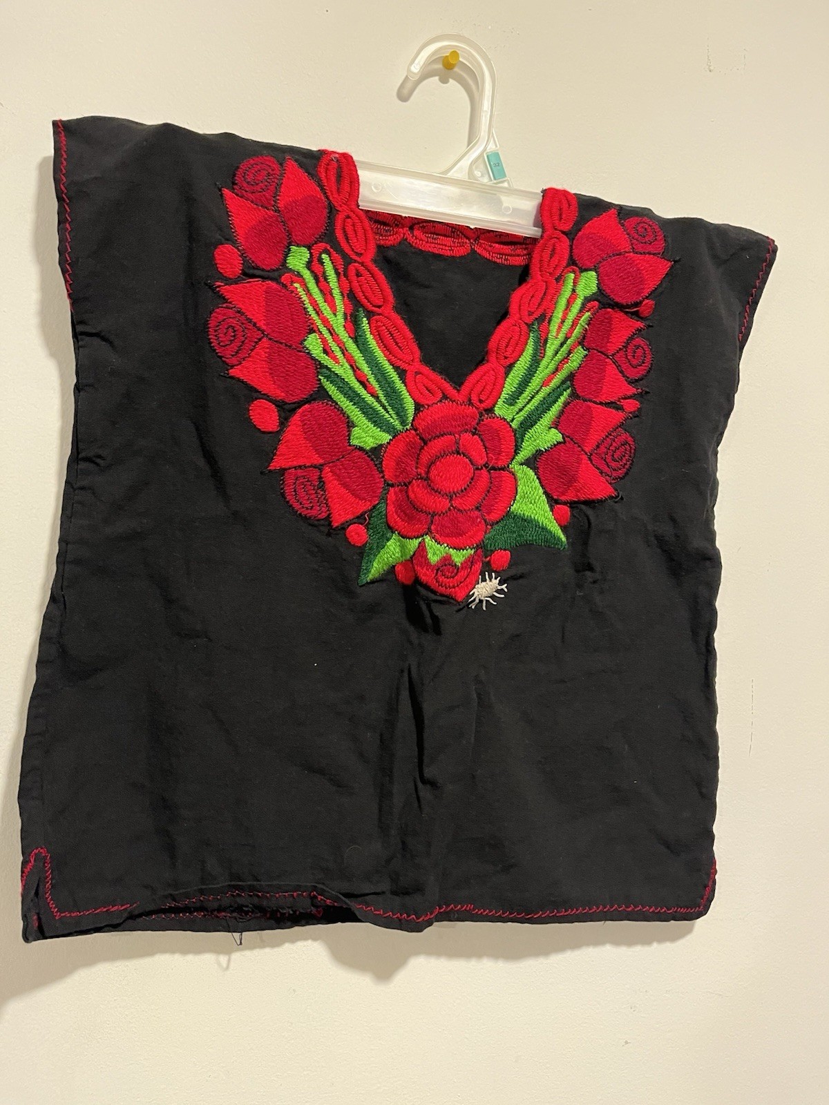 Handmade Girls Black Cotton Huipil Top Red Floral Embroidery