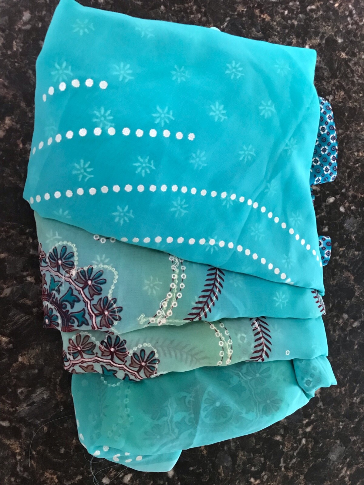 Indian Sari Fabric with flower print. Silver Sequins.  Polyester. 6-2/3 yd X 44″
