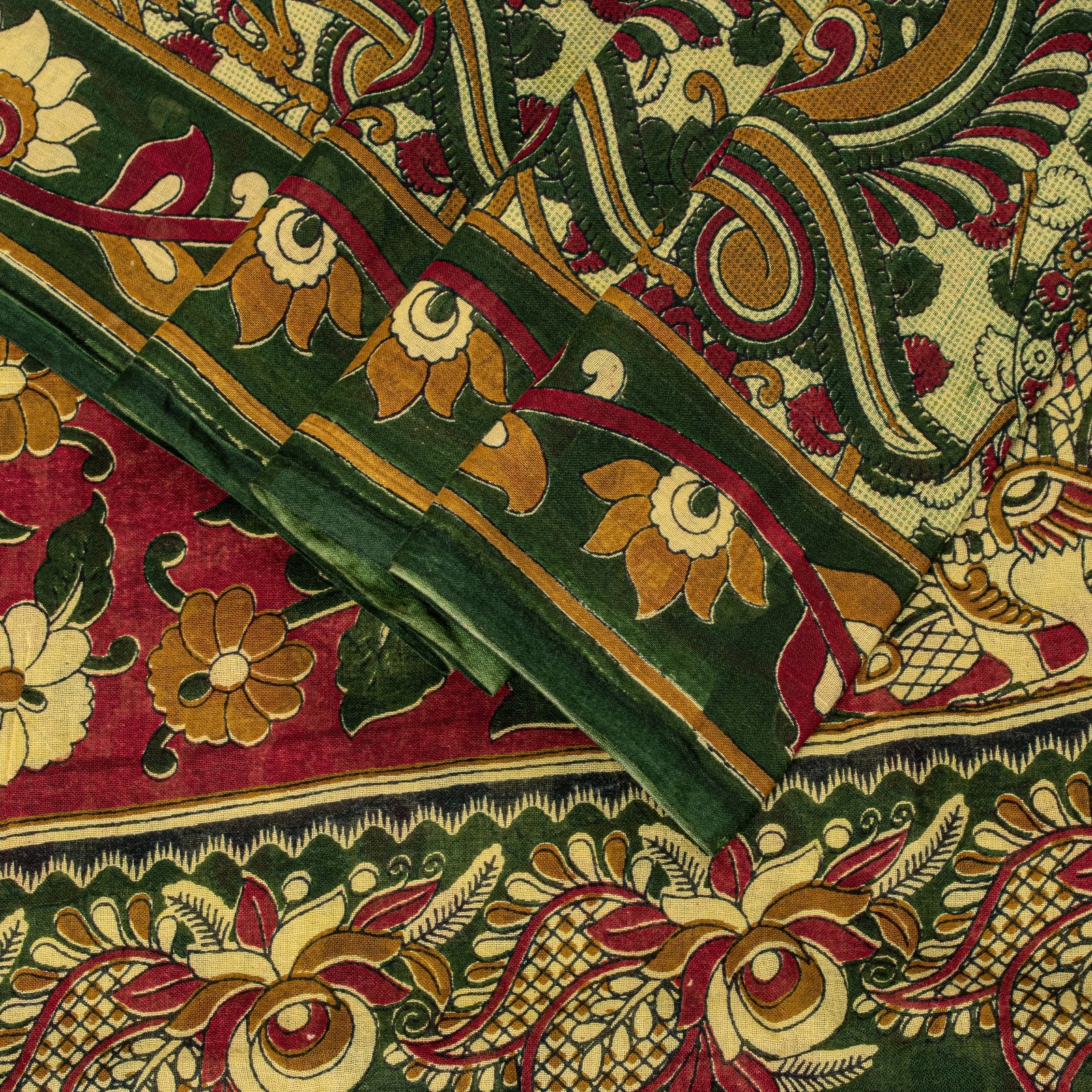 Sanskriti Vintage Cream Saree Pure Cotton Hand Block Kalamakari Peacock Sari 5.5
