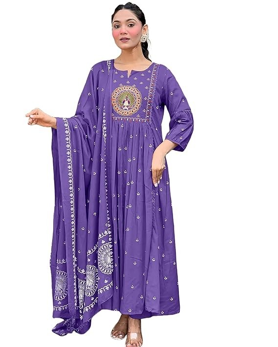 Women Rayon Printed Anarkali Kurta Set with Dupatta Party Wear Festive