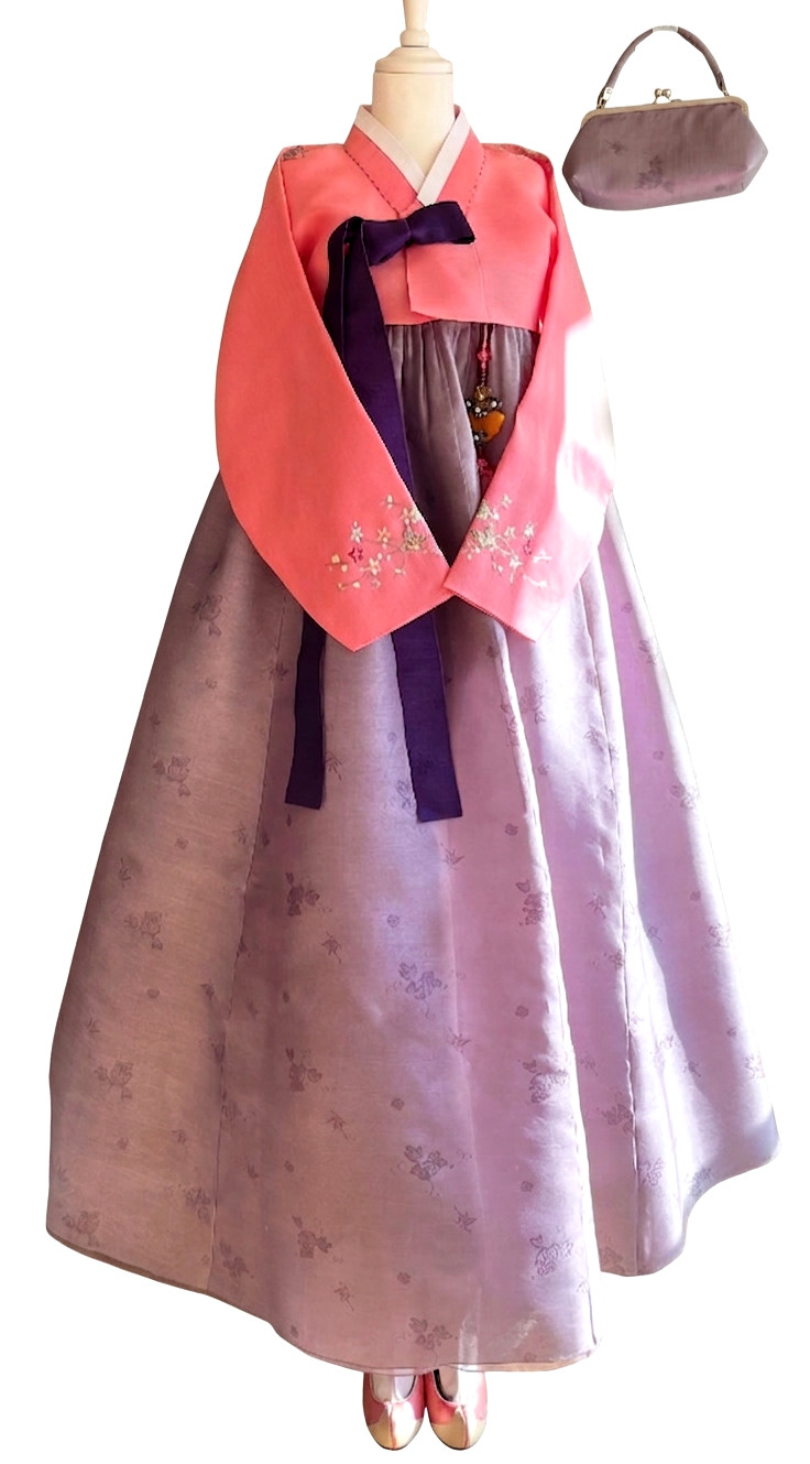 Korean Traditional Dress Silk Hanbok-Peach & Grey Violet/ Petticoat & Hanbok Bag