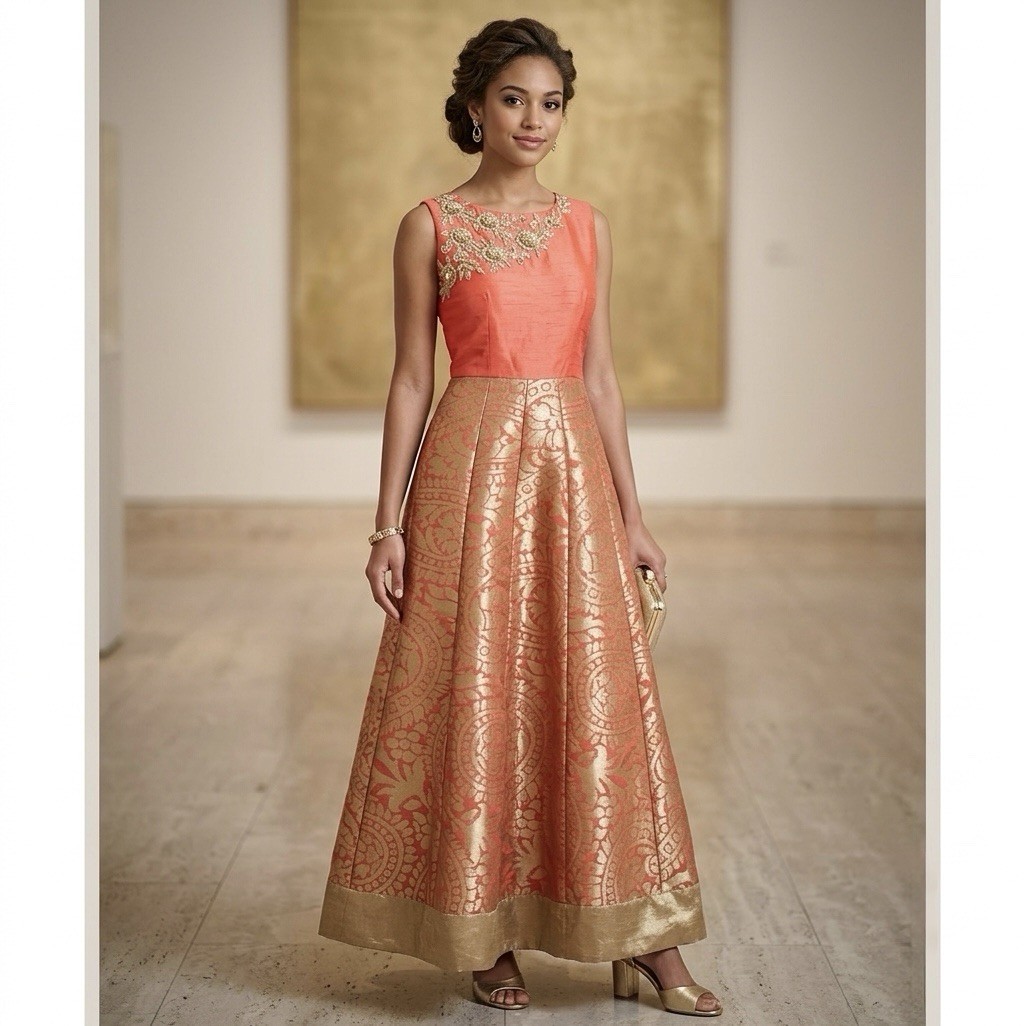 Frontier Heritage Indian Women Banarasi Anarkali Gown Gold Brocade Maxi Dress 32