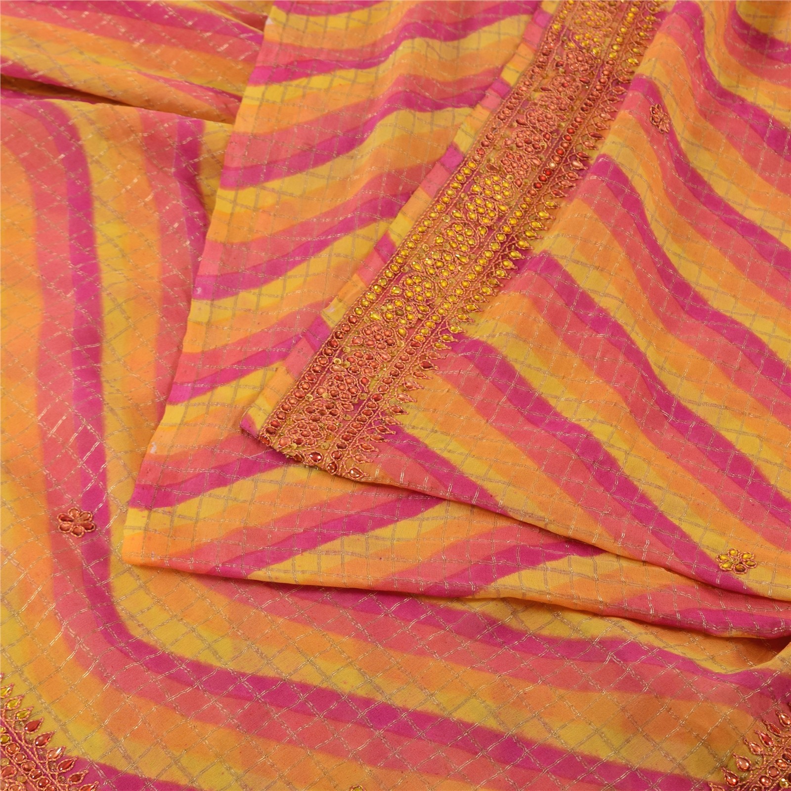 Sanskriti Vintage Sarees Multi Pure Georgette Hand Beaded Zari Sari 6Yd Fabric