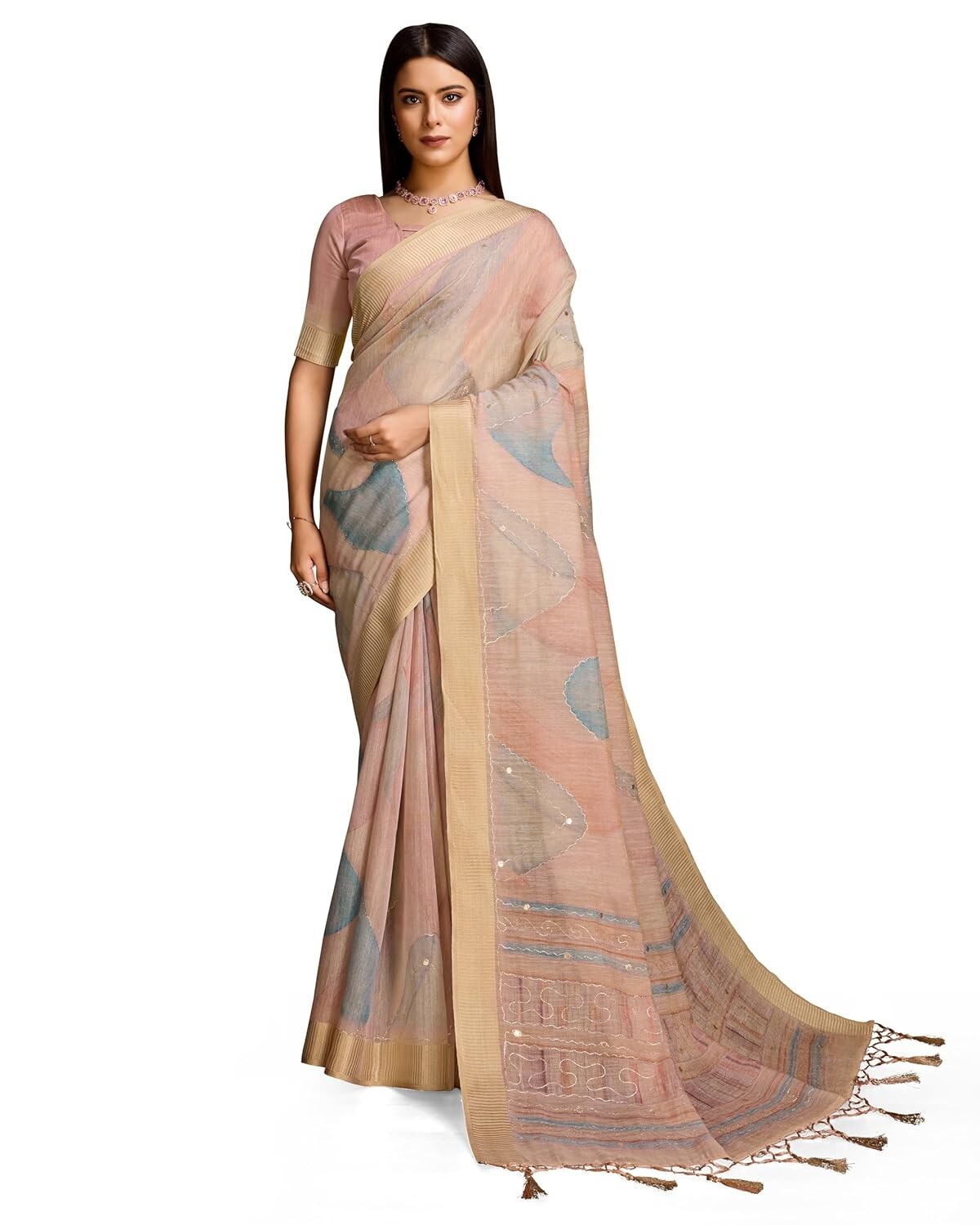 Women’s Heavy Organza Silk Linen Prism Print Saree with Zari Handwork saree