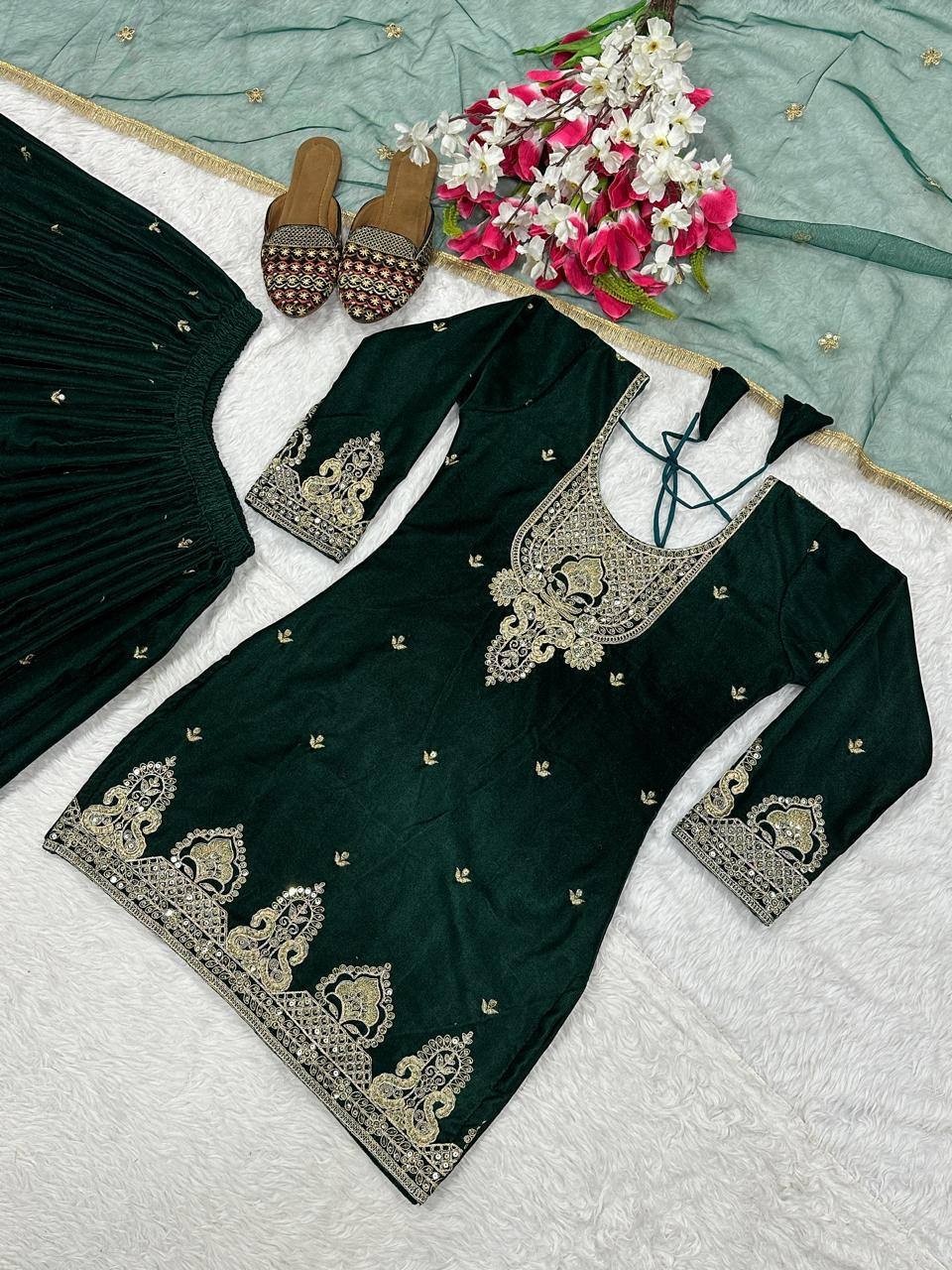 Stunning Heavy Viscous Velvet Green Top Palazzo With Dupatta For Women Wear