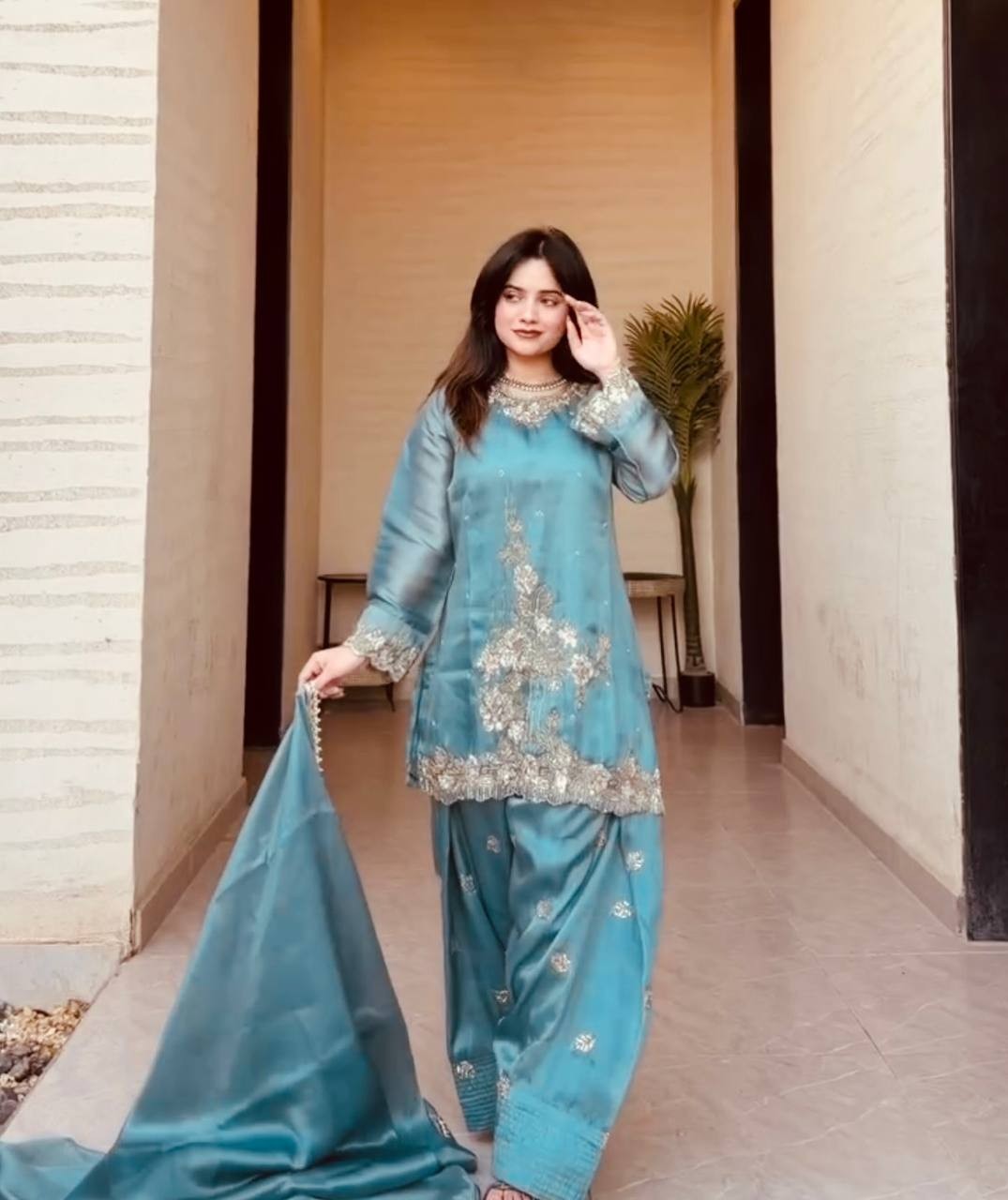 New Launch Silk Sky Blue Salwar Kameez With Dupatta For Indian Party Wear