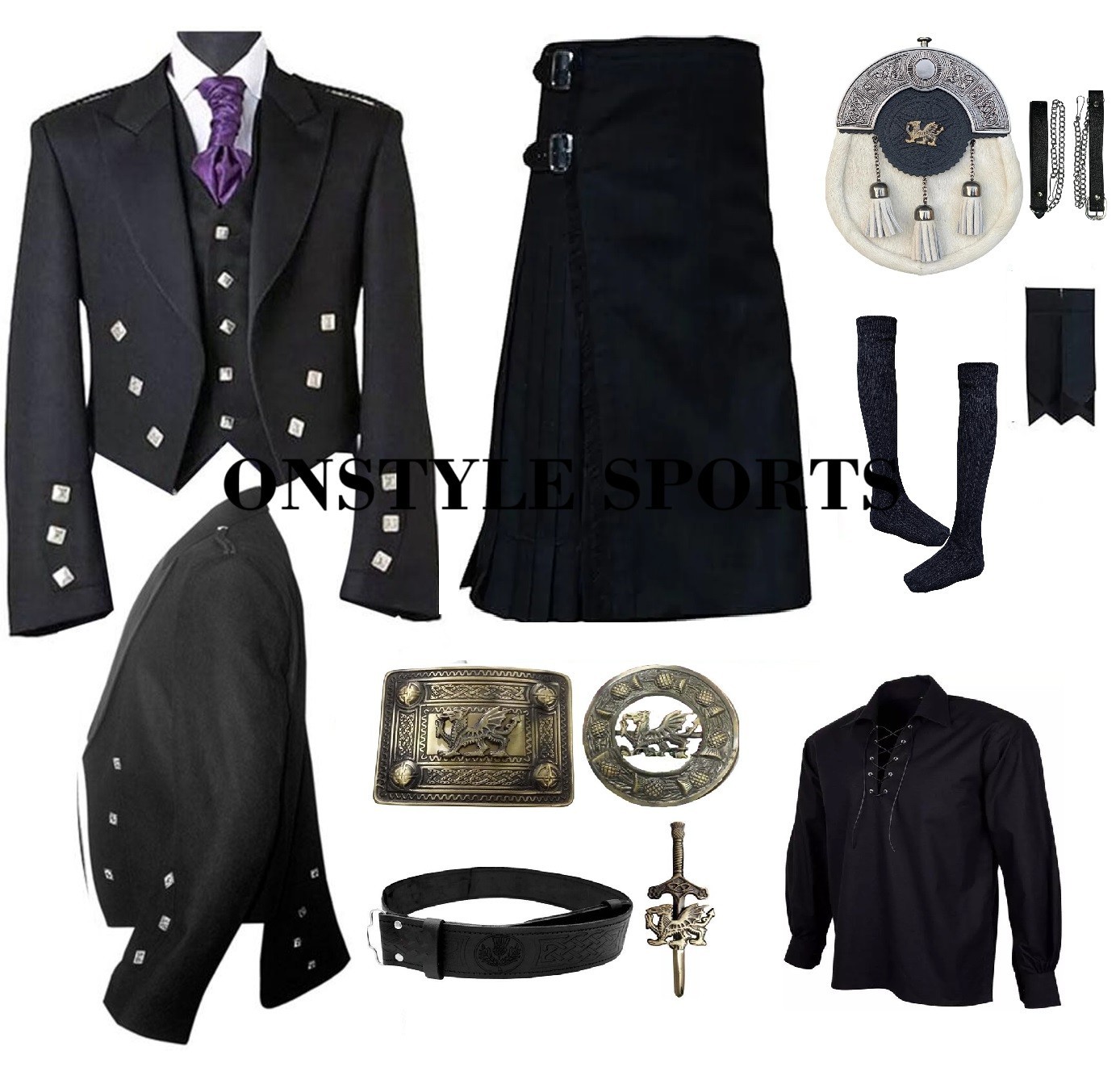 Men’s Full Highland Dress Kilt Outfit – 10-Piece Black Formal Prince Charlie Set