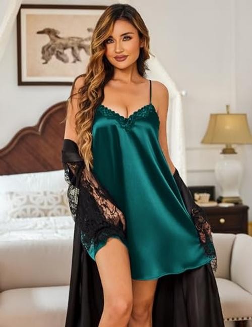 Nightgowns for Women Silk Satin Lingerie Lace Sleeveless XX-Large Blue Green