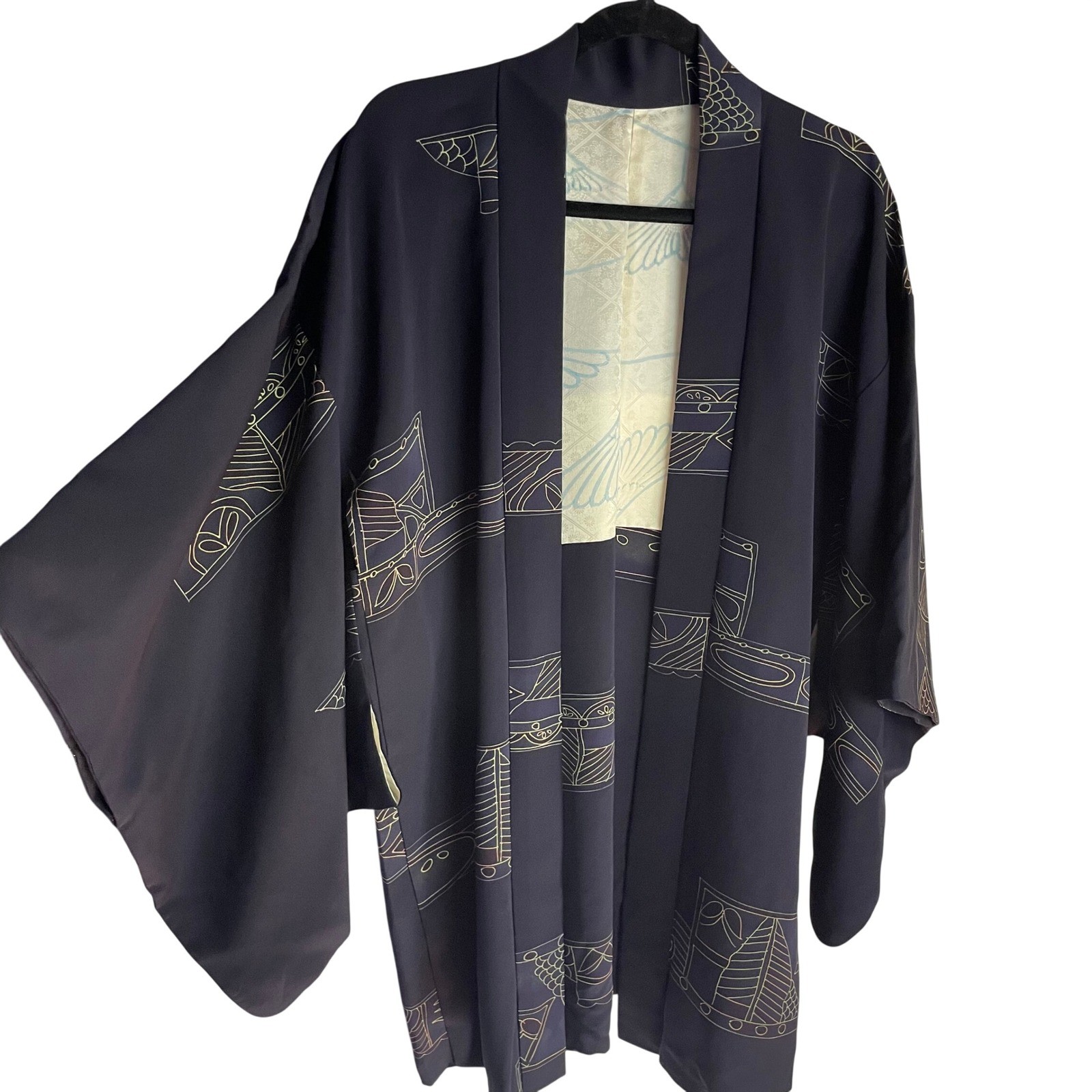 Vintage Unisex Haori Kimono Jacket Size M Navy Graphic Art Handmade Mid Length