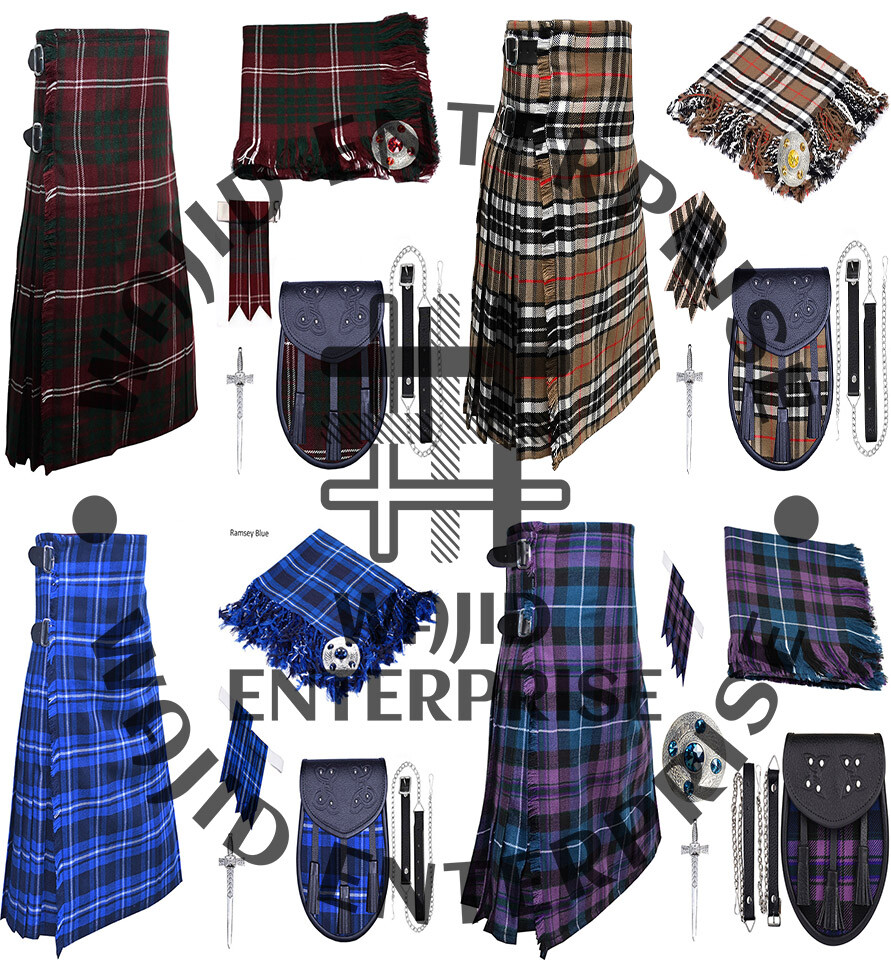 Scottish 8 Yard Tartans KILT – Fly plaid – Brooch – kilt pin- Flashes -Sporran