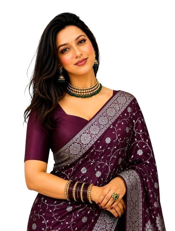Banarasi Satin Kanjivaram Saree Silver Zari Border Pure Soft Blend Silk Sari Kan