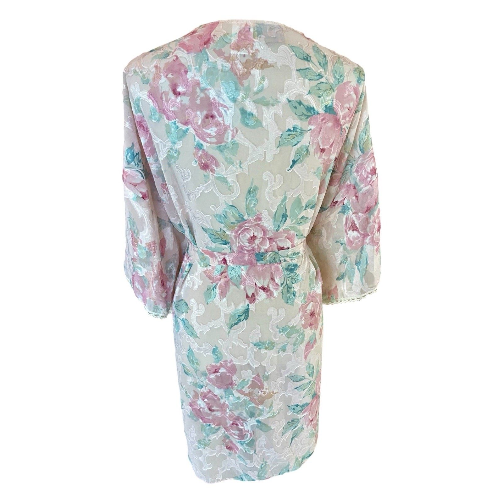 Vintage California Dynasty Baby Pink Floral Burnout Velvet Robe Kimono Duster