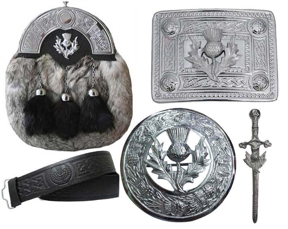 Scottish Full Dress Kilt Sporran Grey Rabbit Fur Celtic Buckle,Pin Brooch 5 Pcs