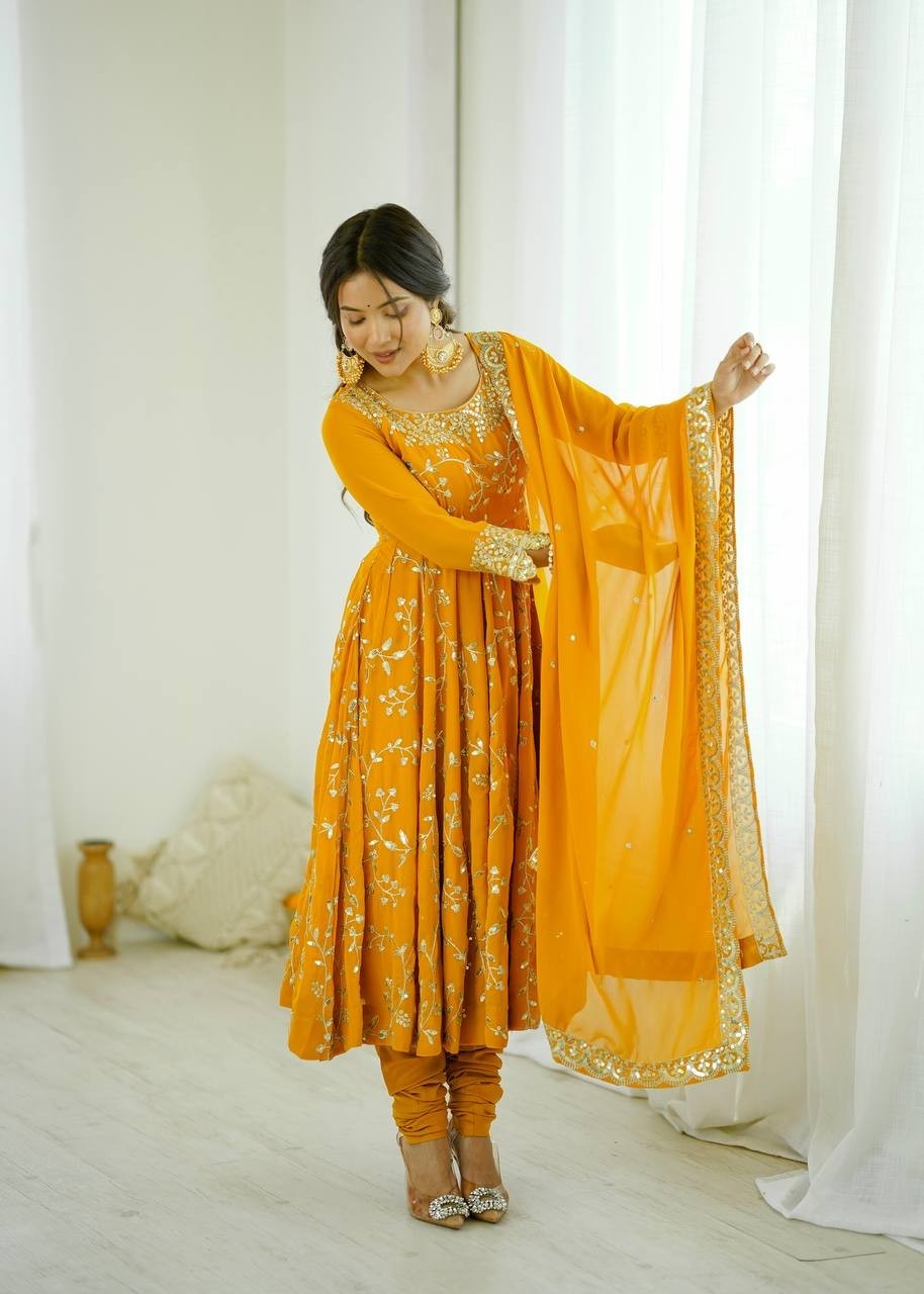 Traditional Yellow Georgette Embroidered Sequin Work Anarkali 3 Pc Gown for Her