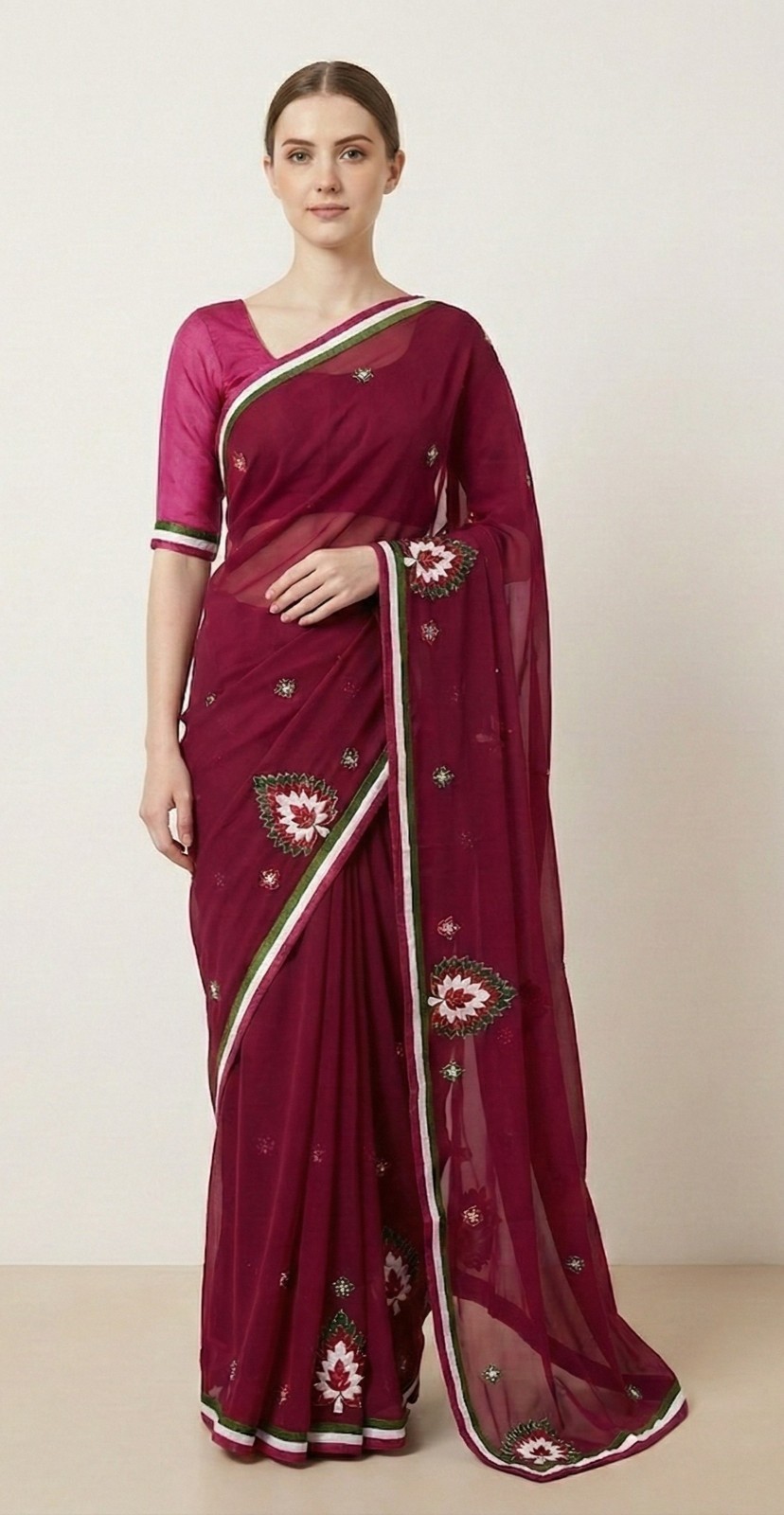 Sanskriti Vintage Dark Red Fashion Sari Hand Beaded Georgette Sarees W/Blouse Pc
