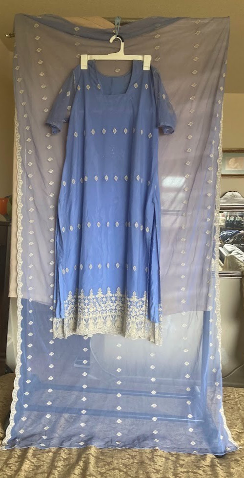 2Pc Indian Salwar Kameez Blue Silver Metallic Embroidered Tunic Dress Dupatta