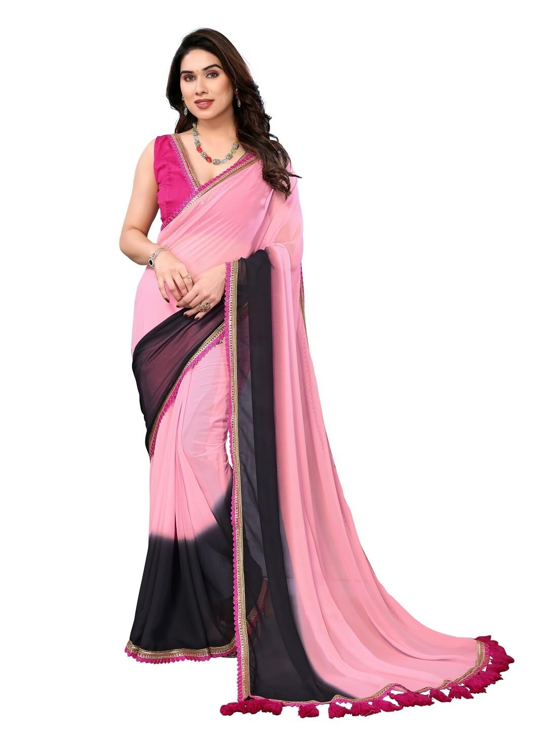 Women’s Fancy Desian Georgette Saree FOr Women With Latkan Tassels Lace Border