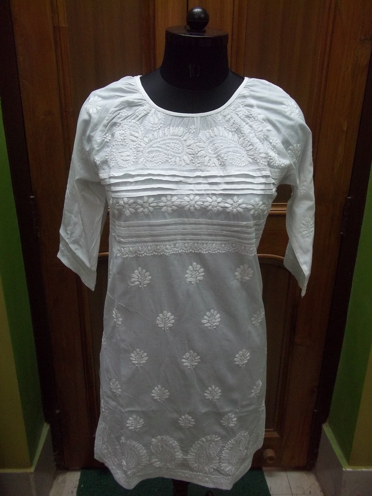 XS S M L XL 2XL LONG ETHNIC CHIKAN EMBROIDERY 100% COTTON TOP TUNIC KURTA KURTI