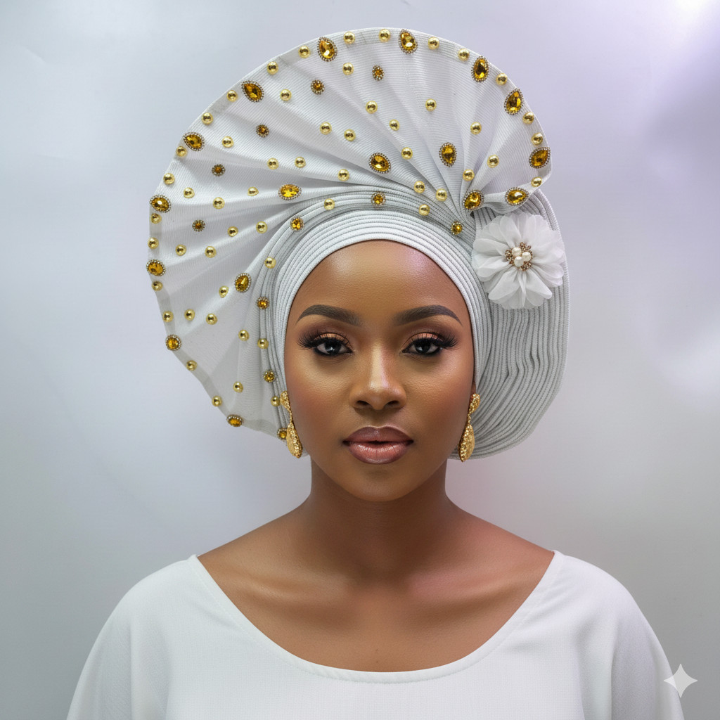 African Gele Fabric Turban Headtie Made Aso-Oke Auto Gele Head Wear Hat Stones