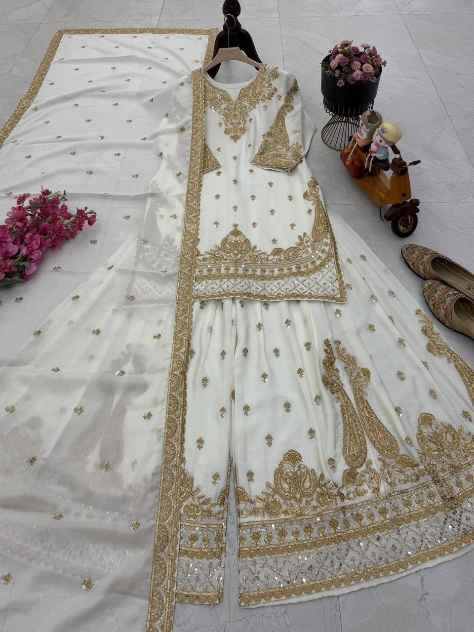 New Launch White Chinnon Silk Kurta Palazzo With Dupatta For Wedding Wear