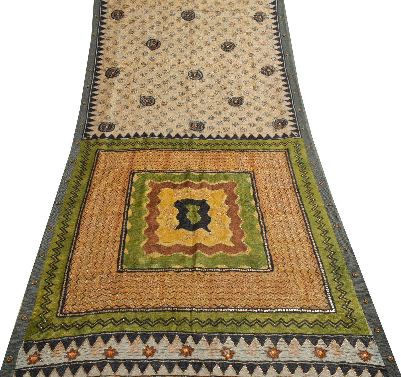 Sushila Vintage Gray Saree 100% Pure Woolen Hand Beaded Floral Sari Craft Fabric