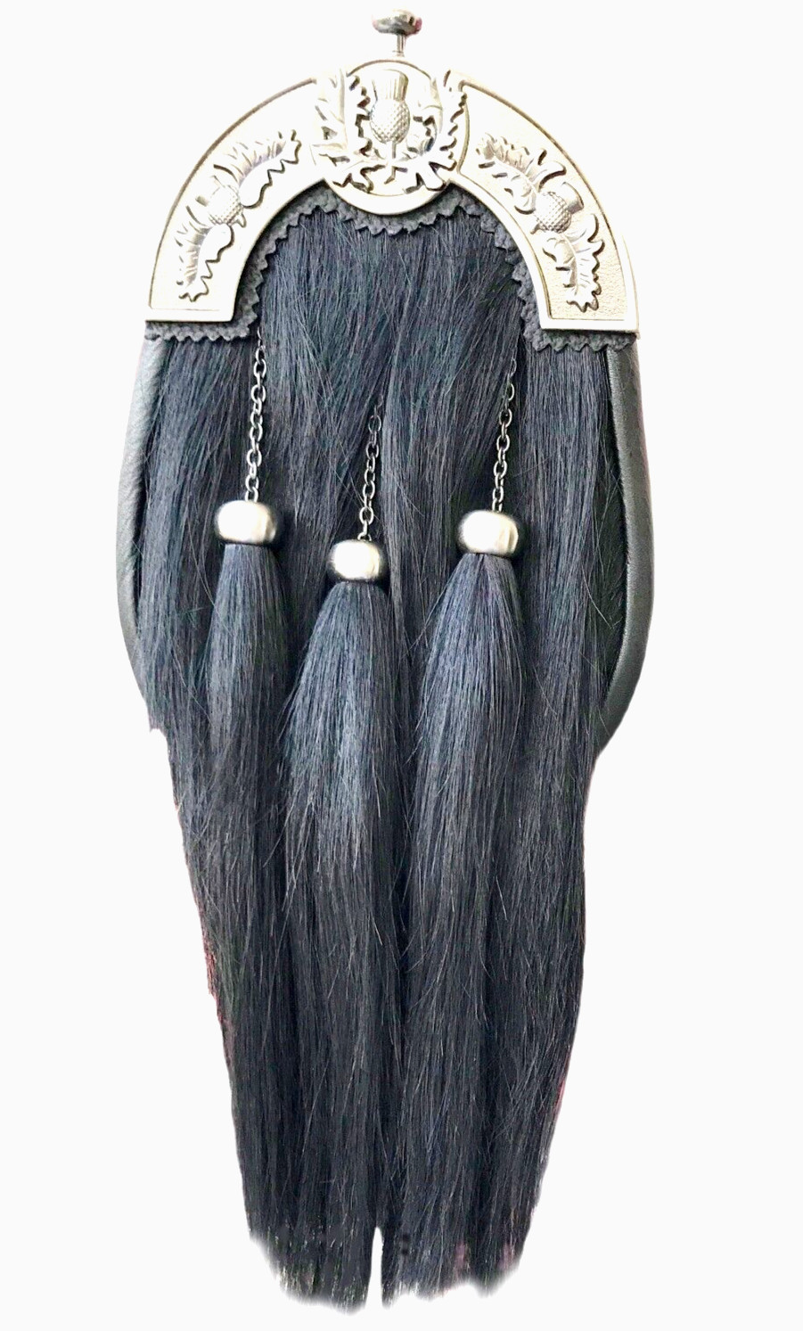 BLACK-MOUNTAIN GOAT SPORRAN: Real Leather Body-Original Black- Chain Belt Strap