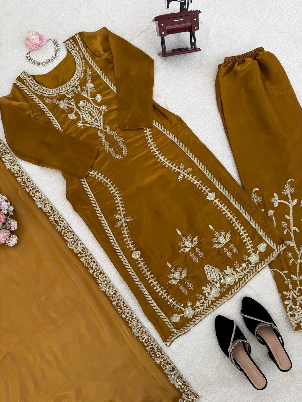 Stunning Heavy Silk Copper Top Palazzo With Dupatta For Reception Wear